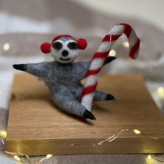 Felted Sloth with Candy Cane Ornament.