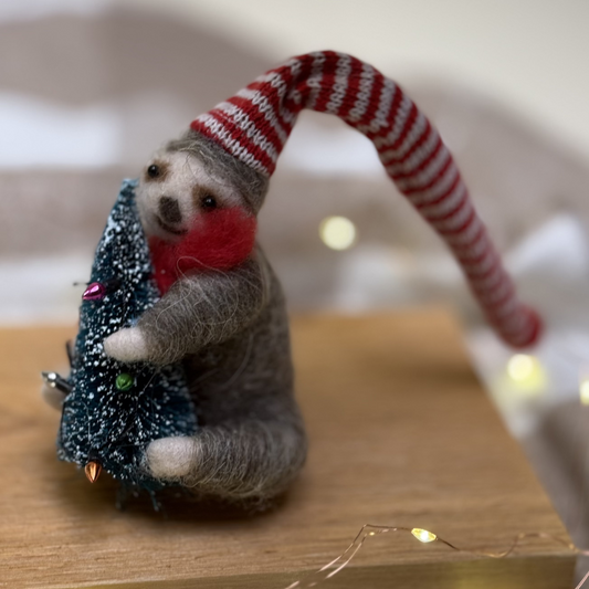 Felted Sloth with Tree Ornament.