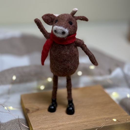 Felted Cow in Red Scarf Ornament.