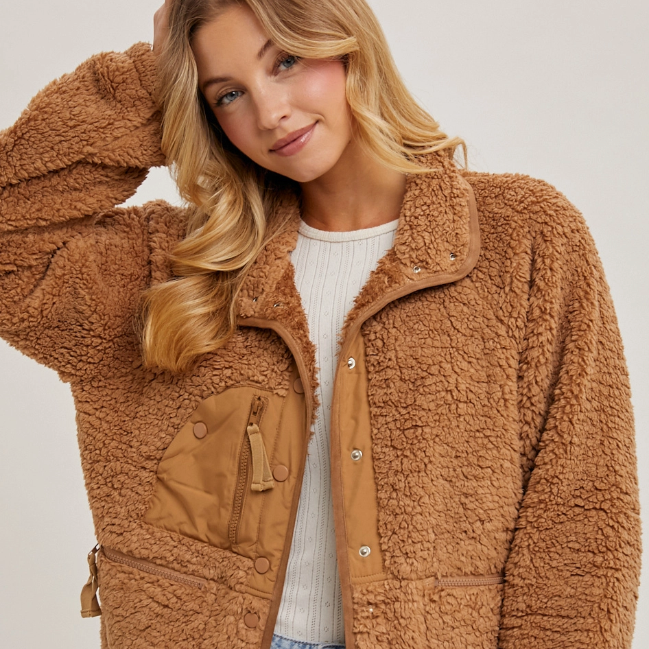 Camel Button Down Fleece Sherpa Women's Jacket.