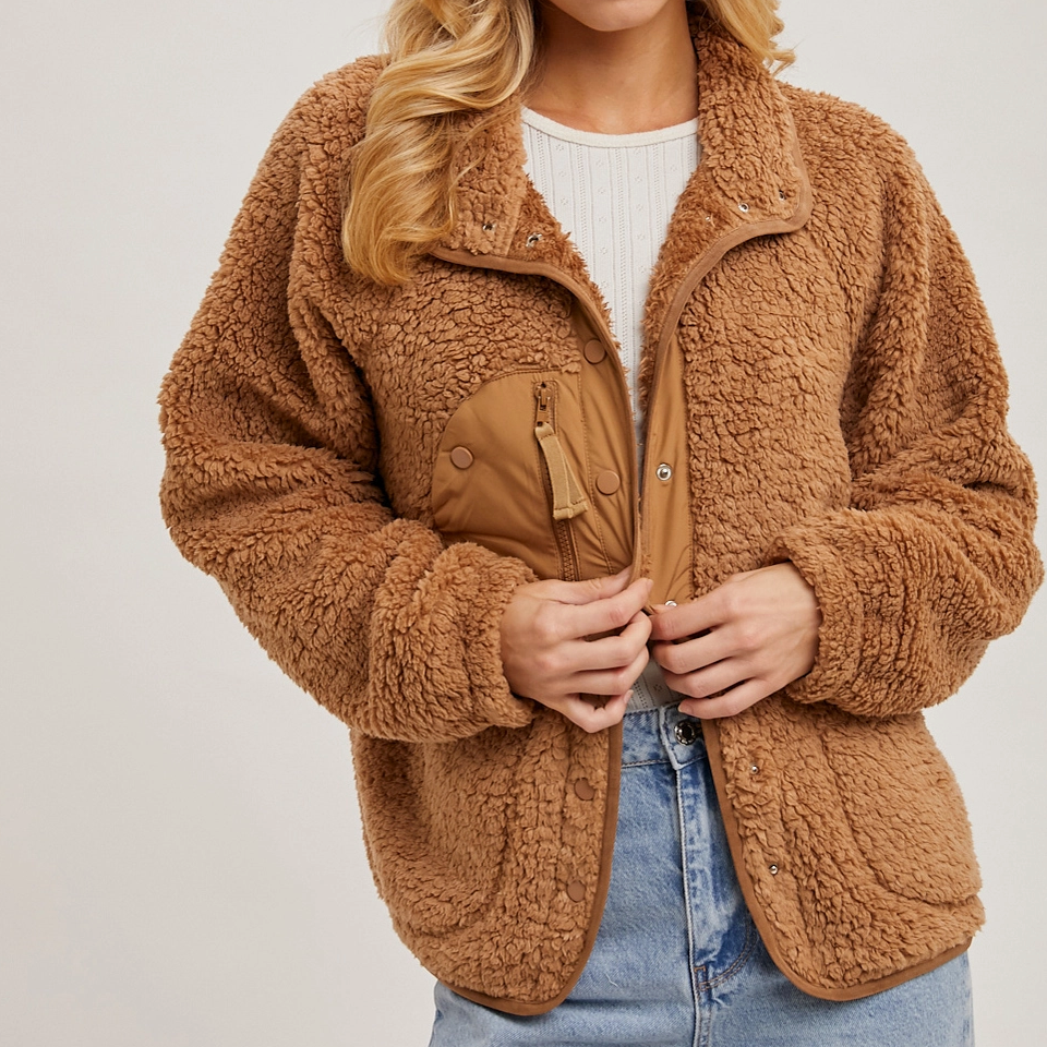 Camel Button Down Fleece Sherpa Women's Jacket.