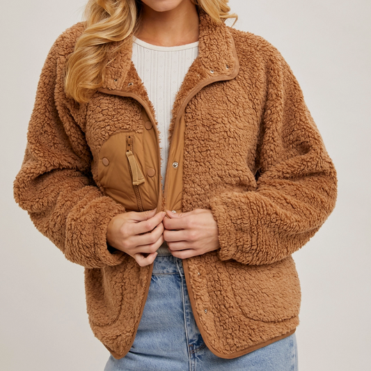 Camel Button Down Fleece Sherpa Women's Jacket.