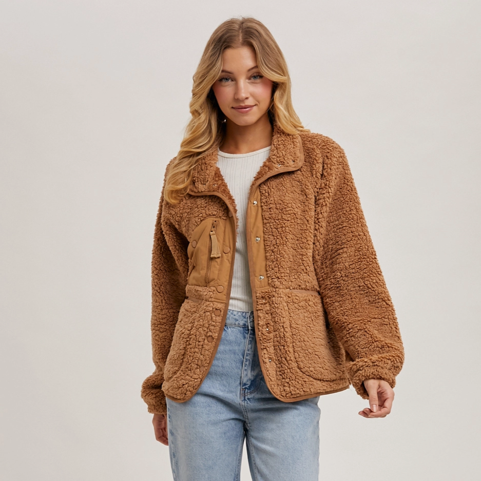 Camel Button Down Fleece Sherpa Women's Jacket.