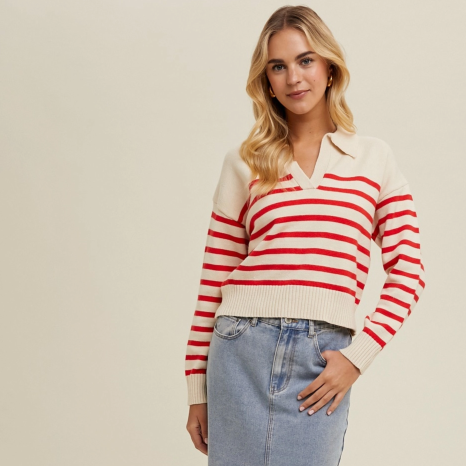 Striped Red and Cream Cropped Collared Sweater.