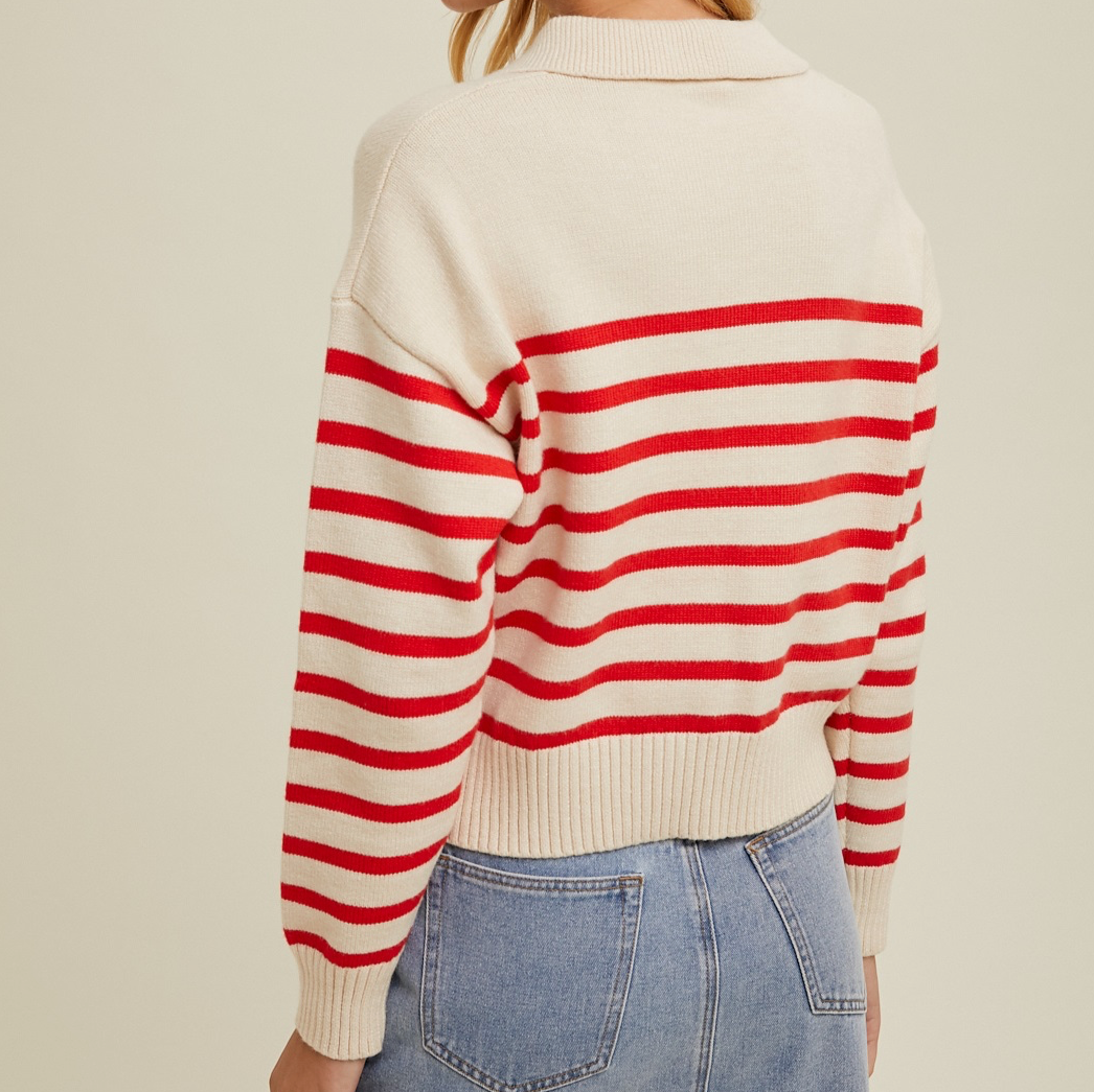 Striped Red and Cream Cropped Collared Sweater.