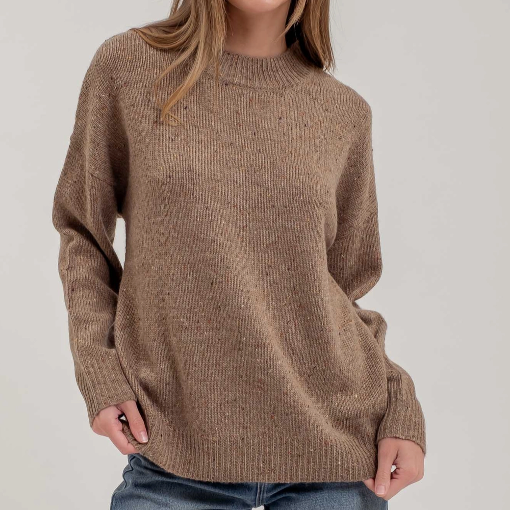 Speckle Knit Mock Neck Women's Sweater. Brown.