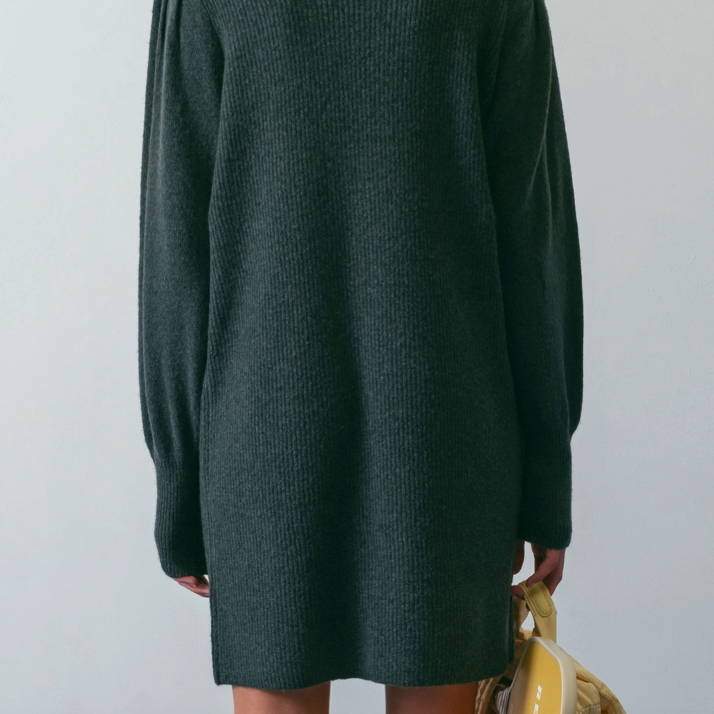 Hunter Green Mock Neck Puff Sleeve Sweater Dress.