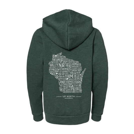 Wisconsin Favorites Full-Zip Kid's Hoodie. Forest.