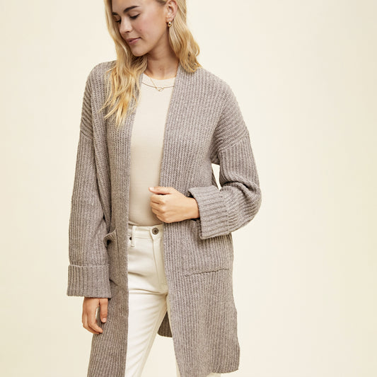 Brushed Ribbed Knit Long Cardigan. Taupe.