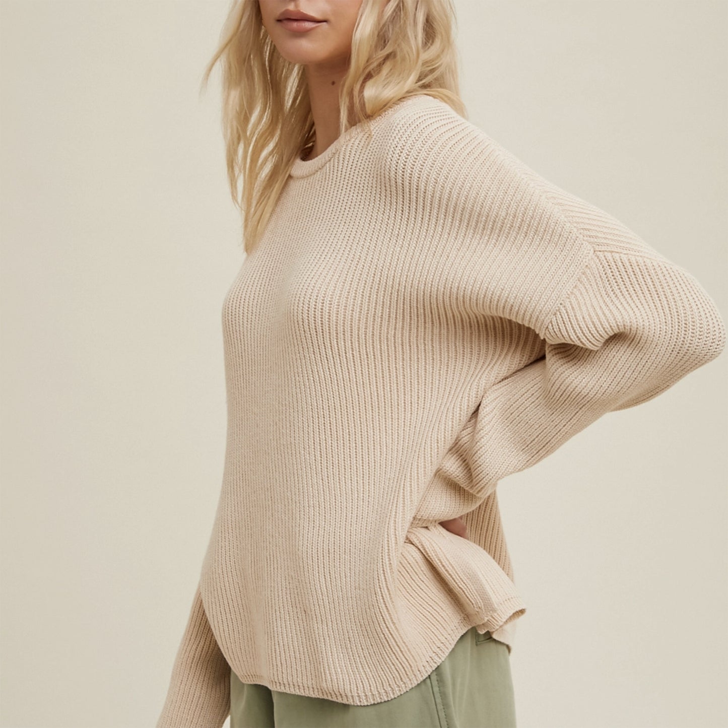 Ribbed Drop Shoulder Sweater. Natural.