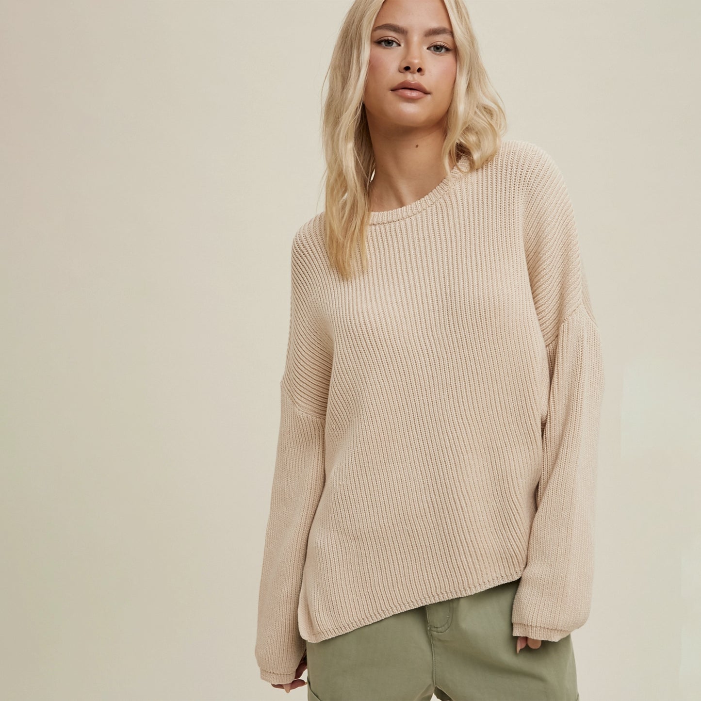 Ribbed Drop Shoulder Sweater. Natural.