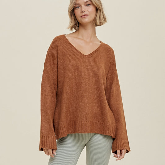 Marled V-Neck Sweater with Side Slits. Toasted Pumpkin.