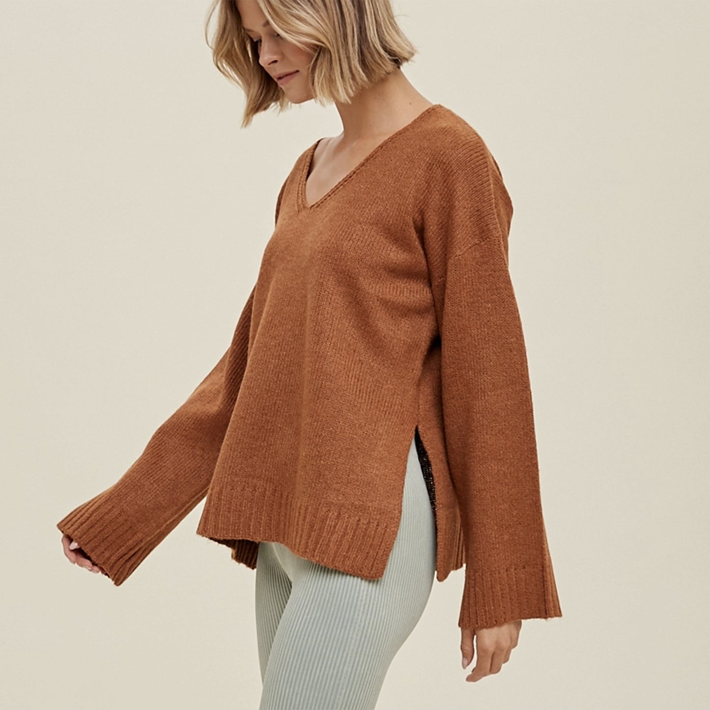 Marled V-Neck Sweater with Side Slits. Toasted Pumpkin.